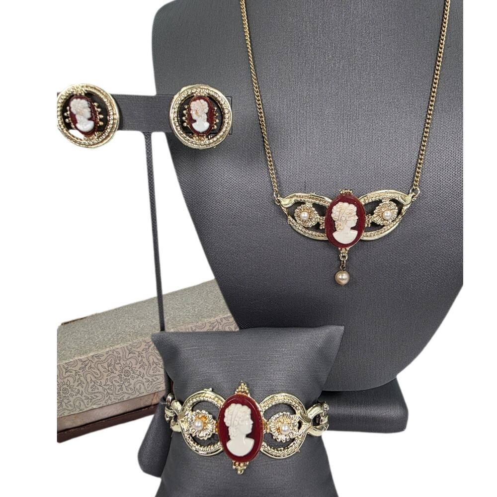 Vintage Victorian Revival Cameo Faux Pearl Necklace, Bracelet, and Earrings Set